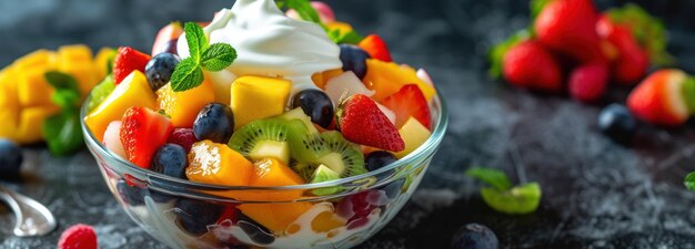 Un colorido plato de ensalada de frutas con crema batida