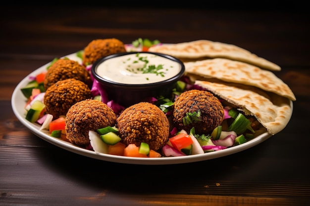 Un colorido plato de falafel con salsa tahini y pita