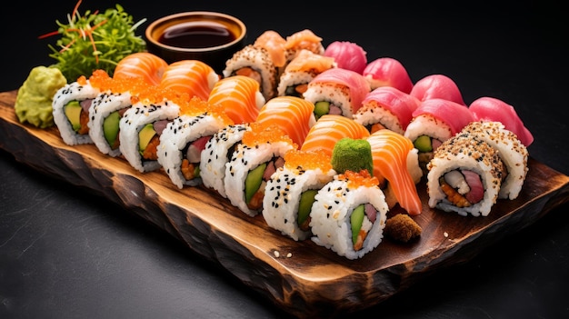 Un colorido plato de sushi que muestra una variedad de rollos de sushi sashimi y nigiri