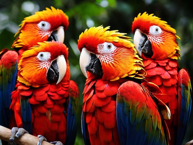 Colorido de las plumas de los pájaros macaw escarlata con tonos rojos amarillos naranjas y azules naturaleza exótica de vuelta