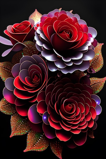 Un colorido póster floral con rosas rojas y un fondo negro.