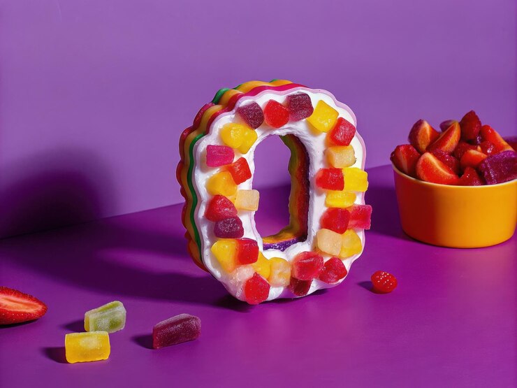 Foto colorido postre de dígito cero decorado con jalea de frutas en fondo púrpura ai generativa