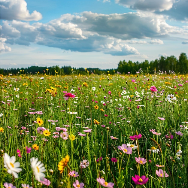 El colorido prado de flores silvestres de primavera bajo un cielo azul nublado