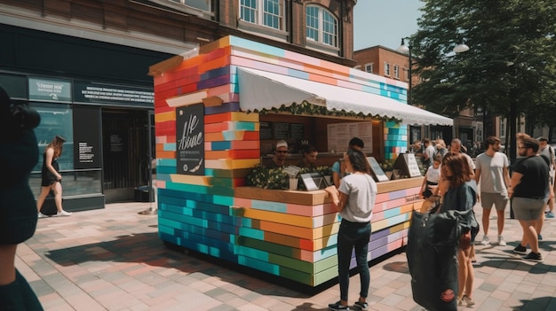 Un colorido puesto de comida con un letrero que dice "la cafetería"