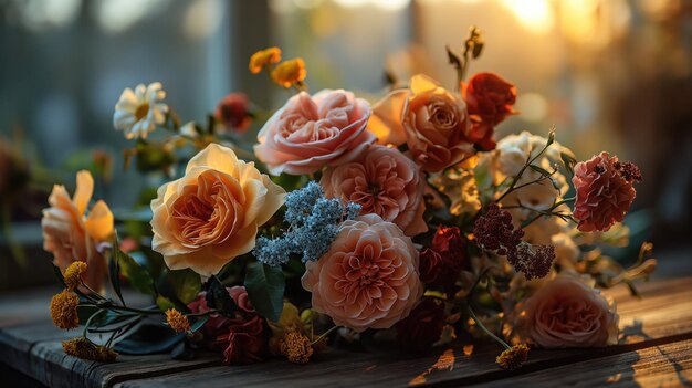 Un colorido ramo de diferentes flores frescas con fondo de estilo rústico