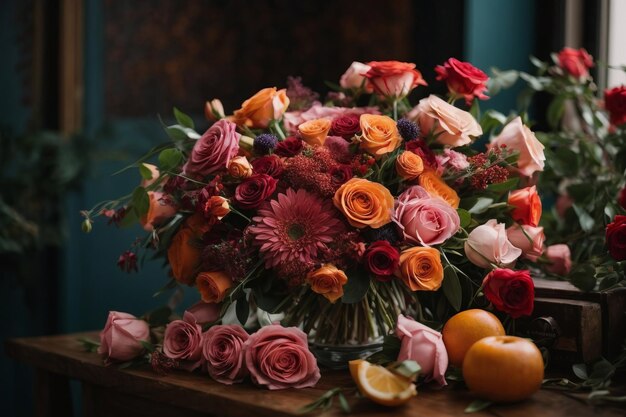 Un colorido ramo de flores frescas en una rústica mesa de madera