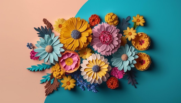 Un colorido ramo de flores sobre un fondo azul y naranja.