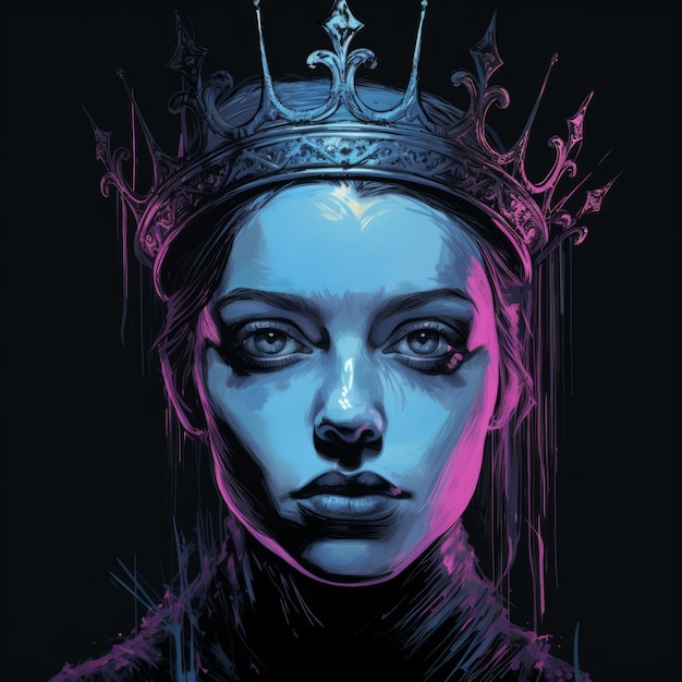 El colorido retrato gótico de una chica con corona y cara azul
