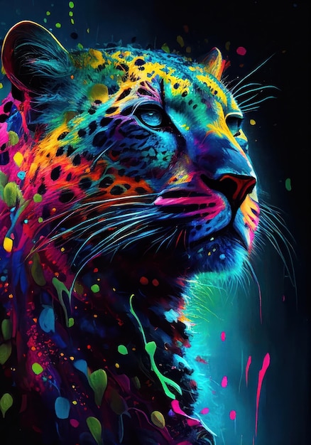 Colorido retrato de leopardo sobre fondo oscuro por Generative AI