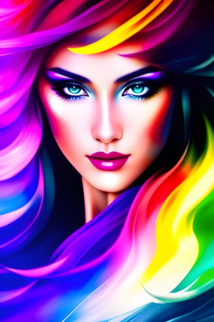 Un colorido retrato de una mujer con cabello de arcoíris.
