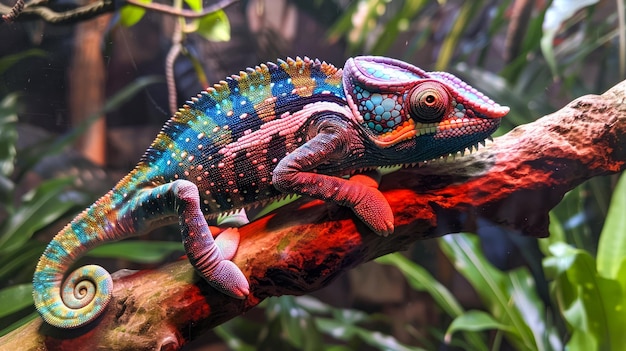 El colorido retrato panorámico de un majestuoso camaleón encaramado en una rama tropical en su hábitat natural