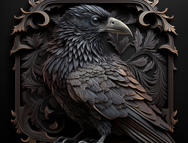 Colorido retrato de primer plano del cuervo cuervo malvado en un marco tallado de madera Fondo de Halloween Tecnología generativa de IA