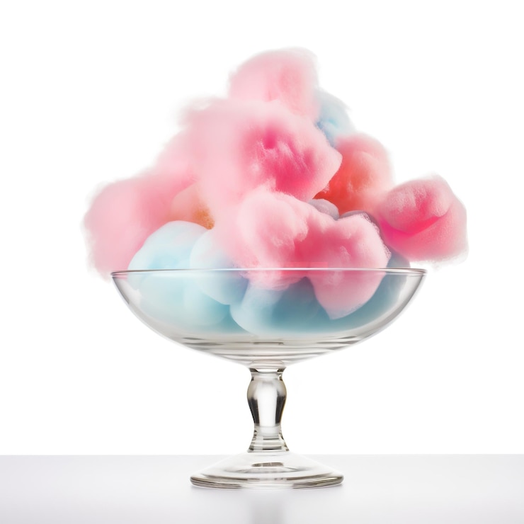 Foto colorido y sabroso algodón caramelo exhibición de ideas aisladas sobre fondo blanco