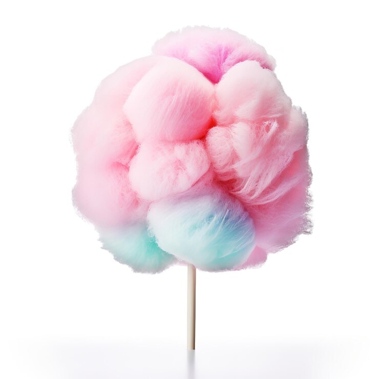 Foto colorido y sabroso algodón caramelo ideas de eventos aisladas en fondo azul