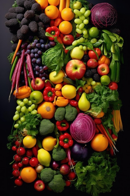 Foto colorido surtido de frutas y verduras creado con ia generativa.