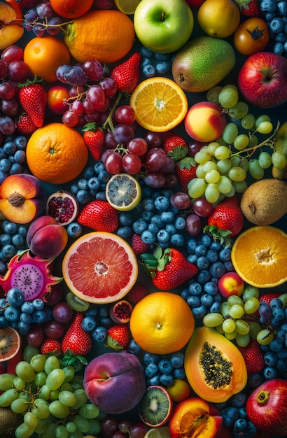 Un colorido surtido de frutas y verduras, incluidas manzanas, naranjas, uvas y arándanos.