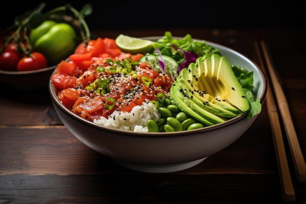 Foto colorido tazón de poker hawaiano con atún y aguacate