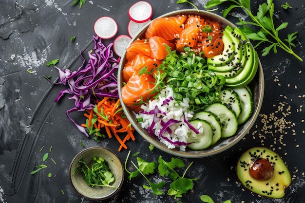 Colorido tazón de salmón con verduras de aguacate y arroz