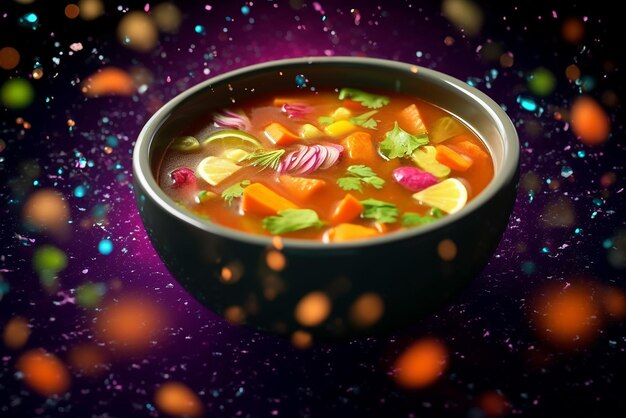 Colorido tazón de sopa con varias verduras frescas