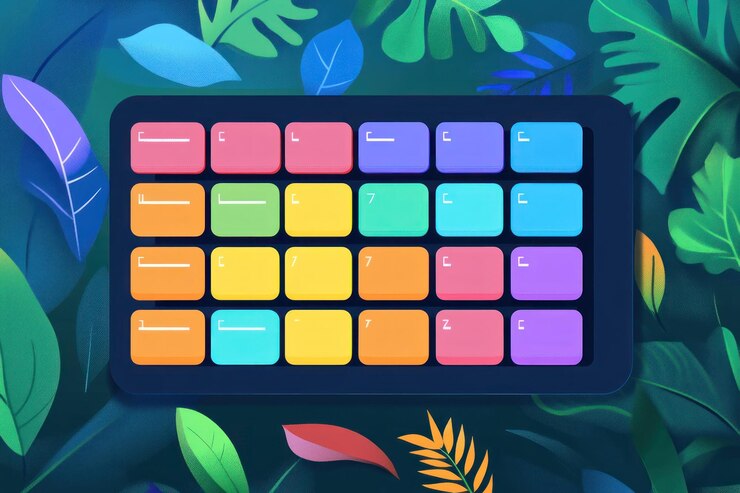 Foto el colorido teclado de la música en las hojas tropicales