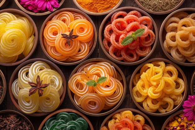 Foto un colorido telón de fondo festivo con ingredientes de jalebi