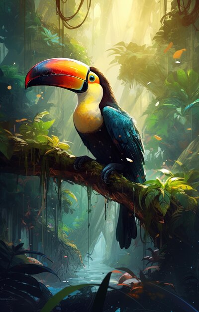 Foto un colorido tucano está sentado en una rama en una jungla