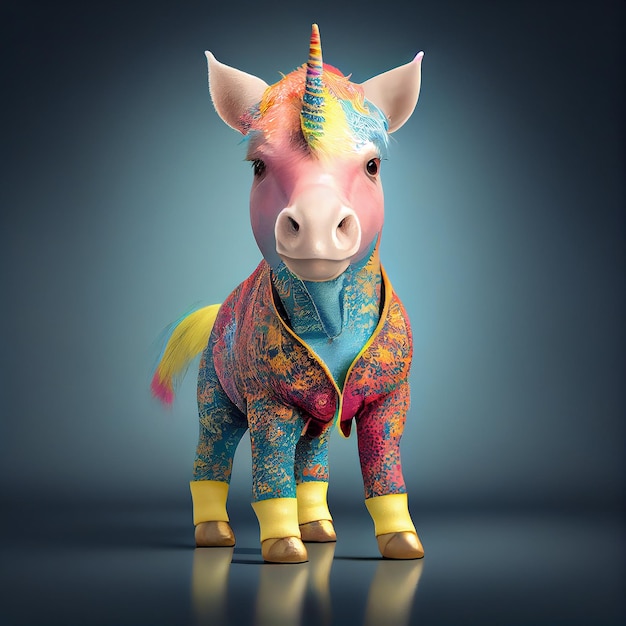 Un colorido unicornio con una chaqueta que dice "unicornio"