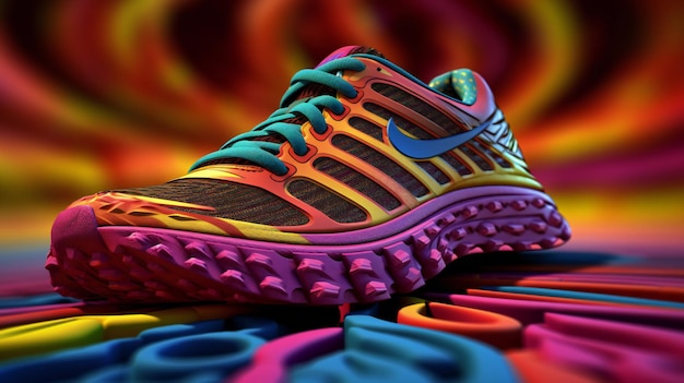 Un colorido zapato Nike se muestra sobre un fondo colorido.