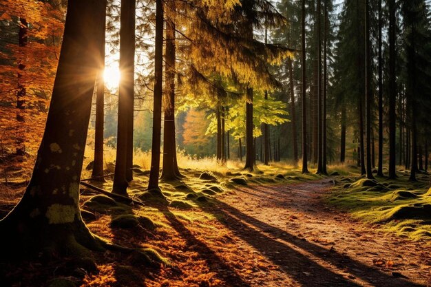 Foto coloridos árboles del bosque de otoño al sol