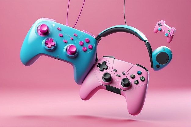 Coloridos auriculares de gamepad y consola de juegos colgando en el aire sobre un fondo rosa renderización 3D