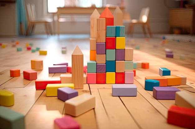 Coloridos bloques de juguete de madera sobre una mesa de madera en la habitación Children39s