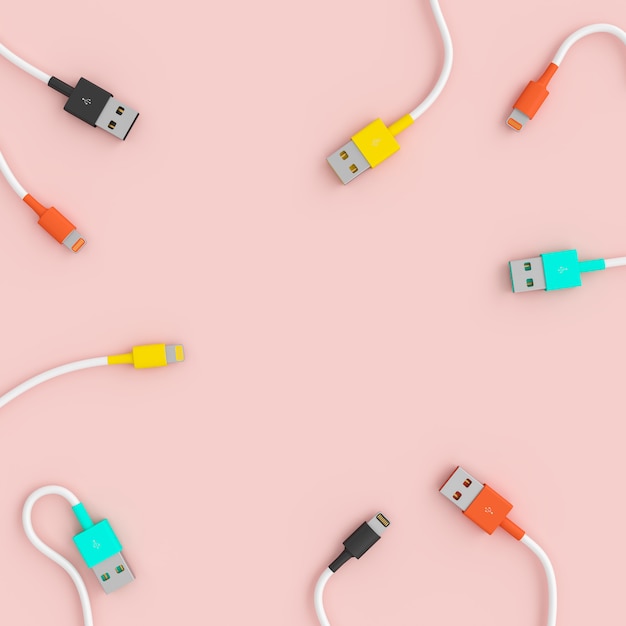 Foto coloridos cables usb sobre fondo rosa en estilo plano.