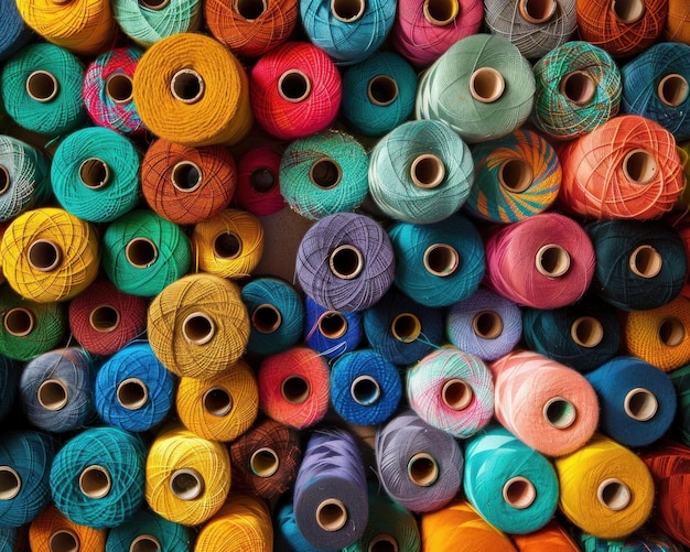 Los coloridos carretes de hilo apilados en varios tonos y texturas forman un fondo artístico y vibrante