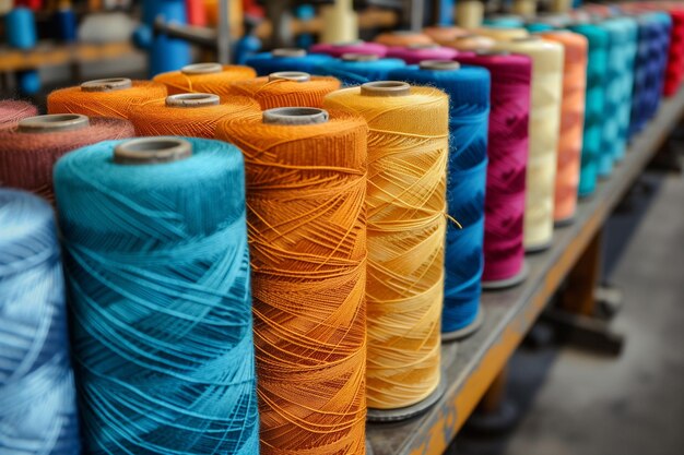 Foto coloridos carretes de hilo en una fábrica textil