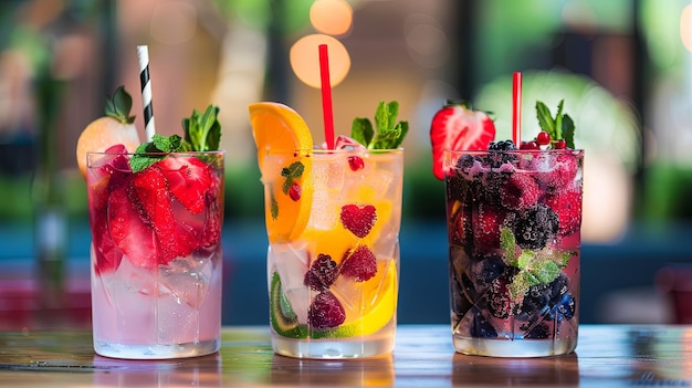 Coloridos cócteles de frutas de verano en la mesa al aire libre