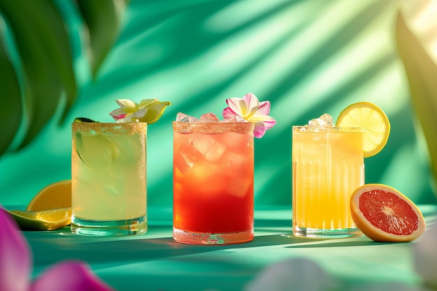 Coloridos cócteles de verano en una mesa con sombras de fondo tropical