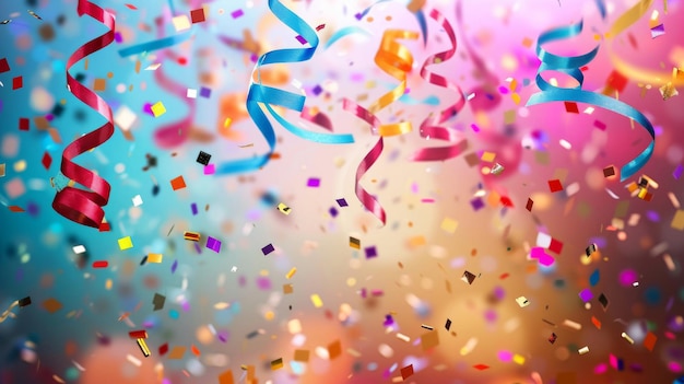 Los coloridos confeti y los streamers descienden contra un vibrante fondo de azul, naranja y rosa
