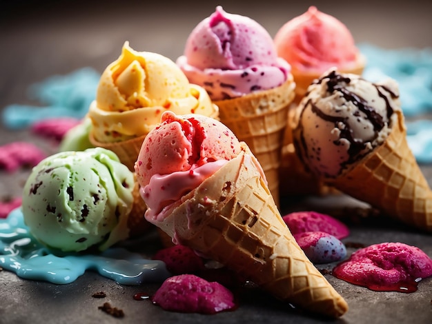 Foto los coloridos conos de helado dulce