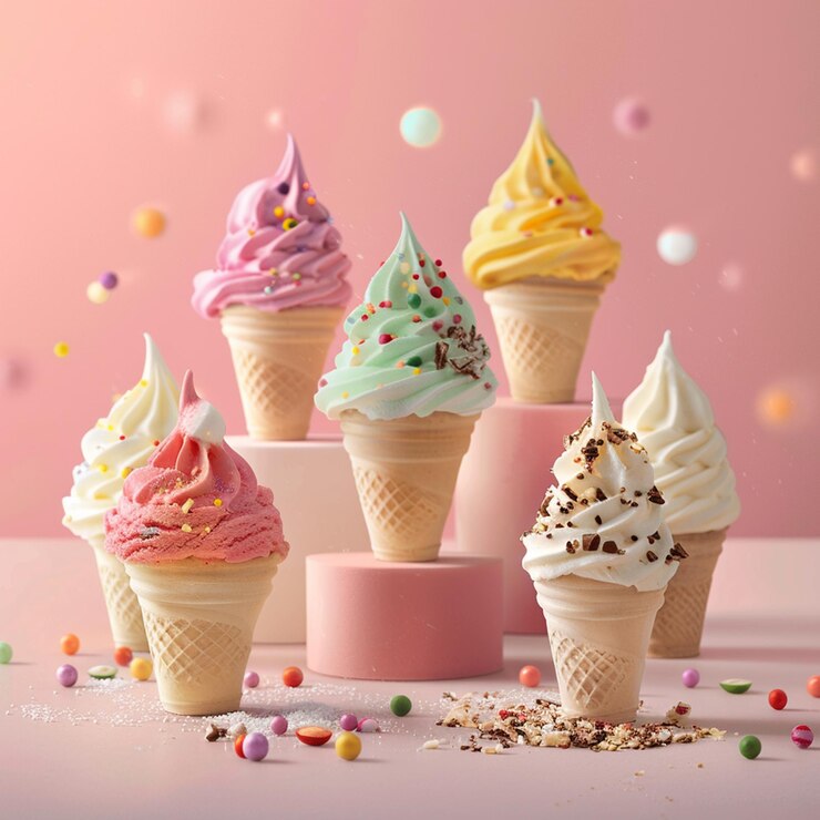 Coloridos conos de helado suaves en un fondo pastel