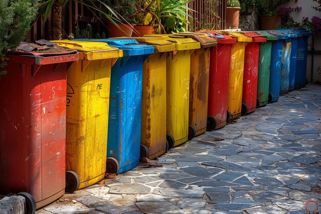 Los coloridos contenedores de basura en fila