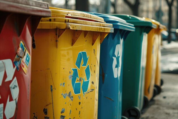 Los coloridos contenedores de reciclaje alineados, cada uno marcado con símbolos de reciclado