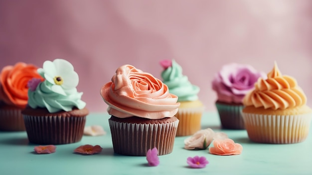 Coloridos cupcakes de fiesta de primavera en una mesa con flores en la mesa