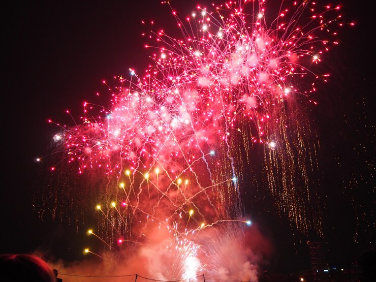 Coloridos fuegos artificiales en el cielo nocturno en el festival de fuegos artificiales