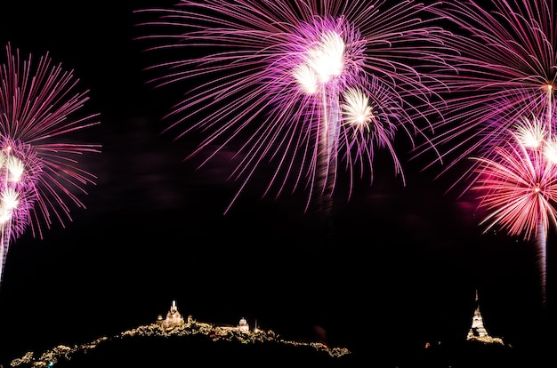 coloridos fuegos artificiales en el fondo del cielo negro sobre el agua