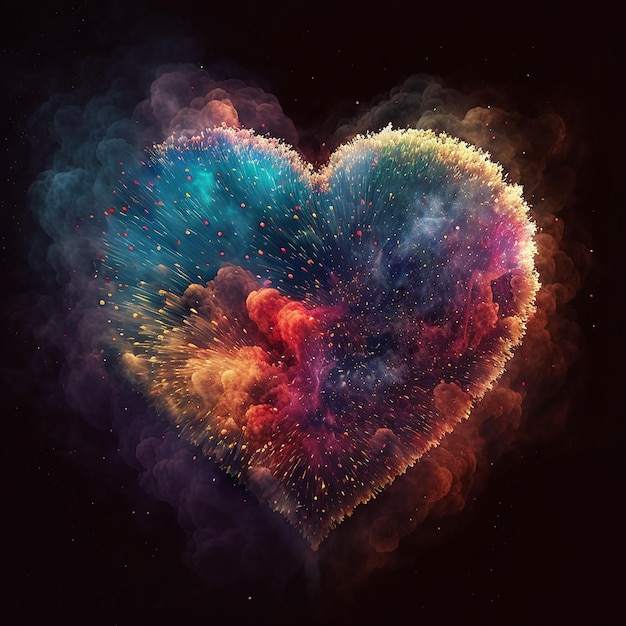 Coloridos fuegos artificiales en forma de corazón en el cielo nocturno hermoso fondo de pantalla de amor