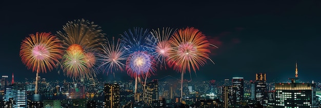 Foto coloridos fuegos artificiales en el horizonte urbano