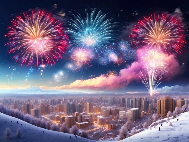 Foto coloridos fuegos artificiales para navidad y año nuevo en invierno sobre una ciudad nevada con edificios de varios pisos