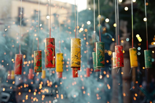 Foto coloridos fuegos artificiales pirotécnicos perfectamente alineados