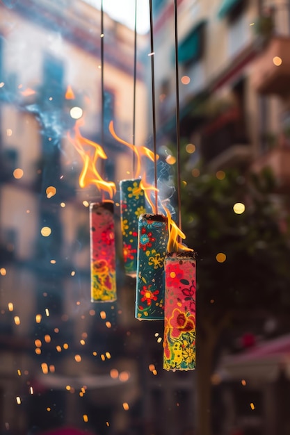 Foto coloridos fuegos artificiales pirotécnicos perfectamente alineados