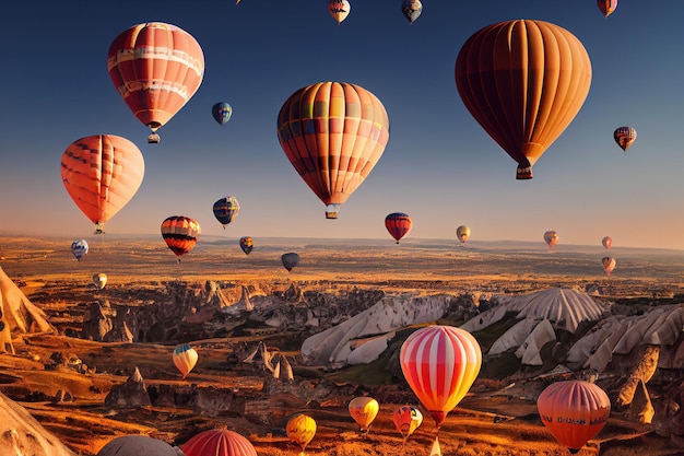 Coloridos globos aerostáticos en Capadocia Turquía ilustración 3d